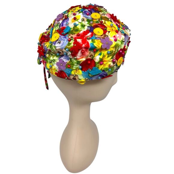 Vintage 1960s Womens Floral Mod Hat Beaded Applique Rozanne NY main image 8